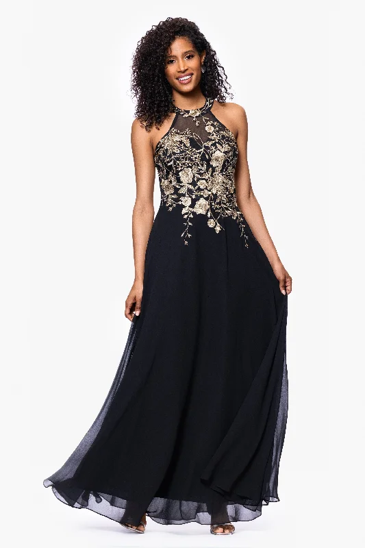 How to accessorize minimalist red carpet dresses -"Celeste" Long Embroidered Chiffon Gown How to accessorize minimalist red carpet dresses -"Celeste" Long Embroidered Chiffon Gown