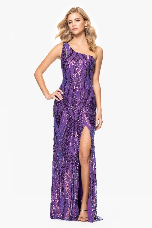 Graduation Dresses for Marathon Events-Blondie Nites "Terri" Long Placement Sequin One Shoulder Dress Graduation Dresses for Marathon Events-Blondie Nites "Terri" Long Placement Sequin One Shoulder Dress