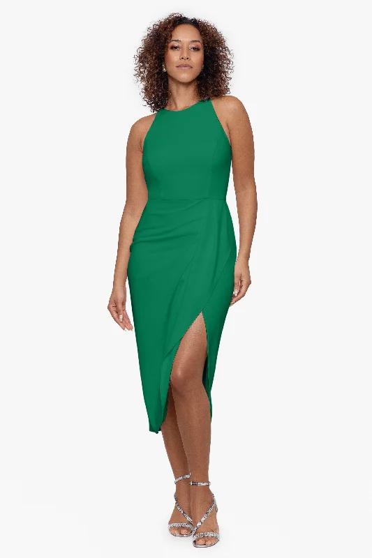 Cocktail Dresses for Autumn Leaves-"Deborah" Midi Halter Scuba Crepe Sarong Dress
