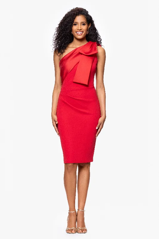 Cocktail Dresses with Puff Sleeves-"Caroline" Scuba Crepe One Shoulder Satin Bow Knee Length Dress Cocktail Dresses with Puff Sleeves-"Caroline" Scuba Crepe One Shoulder Satin Bow Knee Length Dress