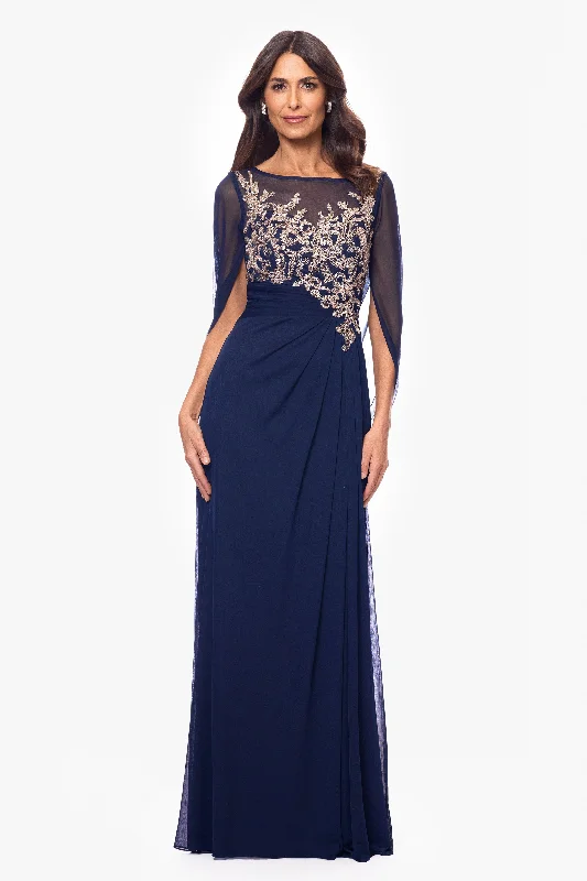 Wedding Guest Dresses for Dinner-"Willa" Long Sheer Matte Jersey Cape Back Dress With Applique