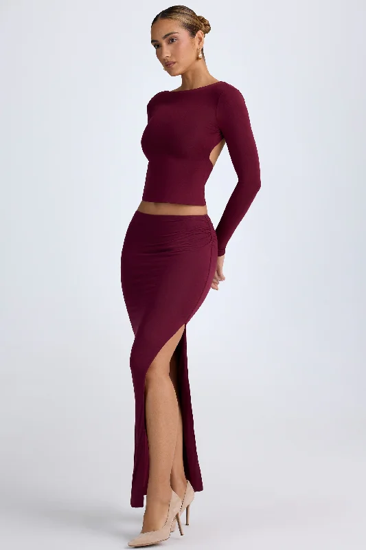 Birthday dresses with a pleated design for extra texture-Modal Low-Rise Maxi Skirt in Wine Red Birthday dresses with a pleated design for extra texture-Modal Low-Rise Maxi Skirt in Wine Red