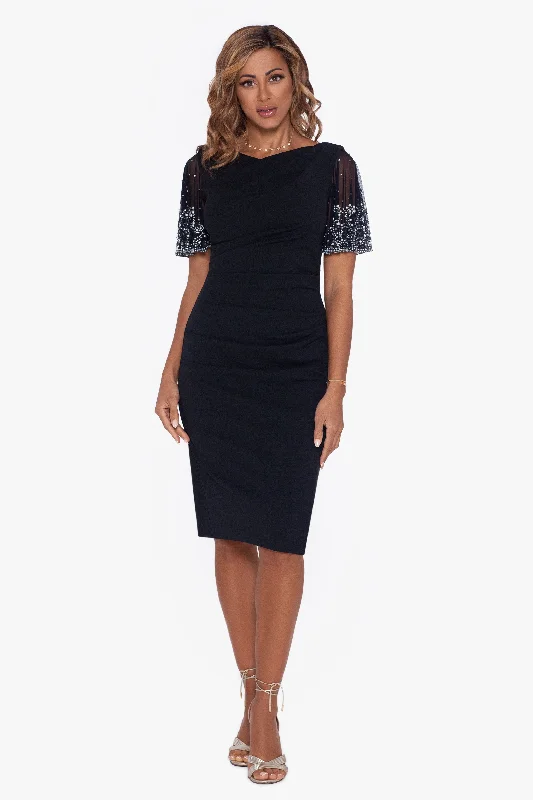 Cocktail Dresses with Lace Details-Petite "Emily" Short Scuba Crepe Beaded Sleeve Dress Cocktail Dresses with Lace Details-Petite "Emily" Short Scuba Crepe Beaded Sleeve Dress