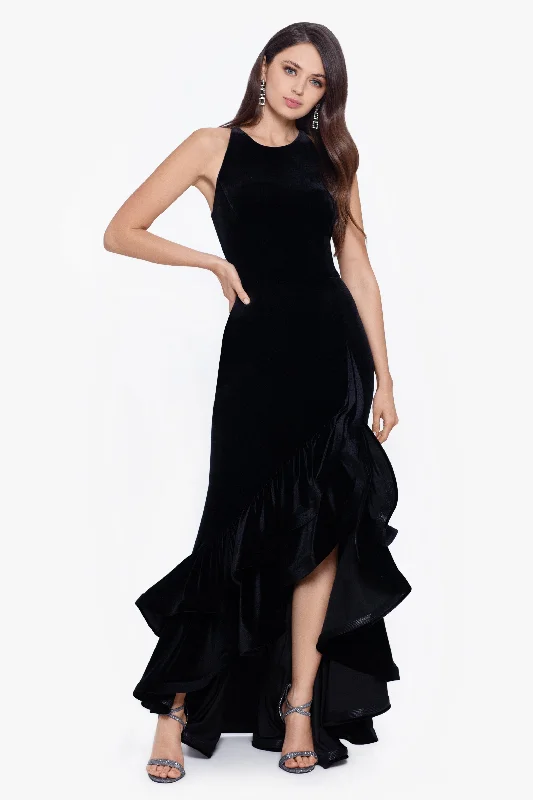 Vintage-inspired red carpet dresses old Hollywood glam -"Brandi" Ruffle Tier Velvet Dress Vintage-inspired red carpet dresses old Hollywood glam -"Brandi" Ruffle Tier Velvet Dress