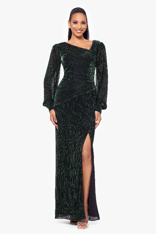 Wedding Guest Dresses for Afternoon Wear-"Siobhan" Long Metallic Long Sleeve Asymmetrical Neckline Dress