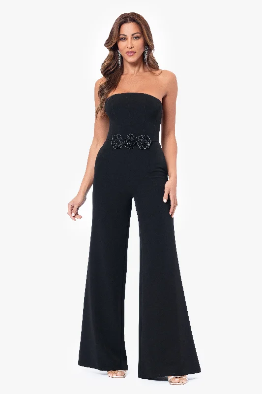 Best day dresses for a trip to a park-"Marleen" Long Scuba Crepe Jumpsuit with Flower Detailing