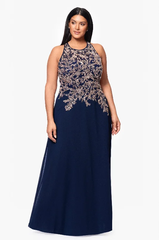 Wedding Guest Dresses with Accessories-Plus "Katie" Long Chiffon Beaded Halter Dress