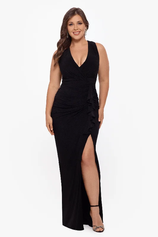 Evening dresses for an upscale fashion show-Plus "Bobbi" Long Ruffled V-Neck Gown