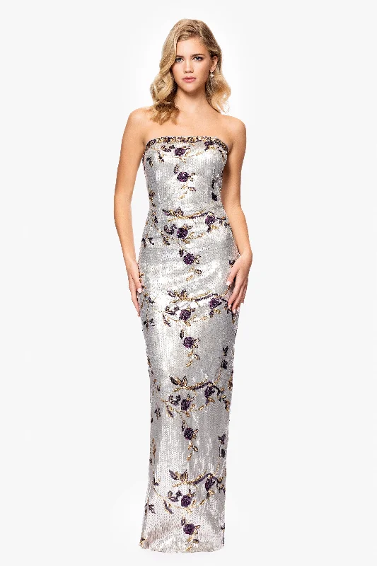 Graduation Dresses with Elastic Closure-“Mallory” Strapless Floral Sequin Floor Length Dress Graduation Dresses with Elastic Closure-“Mallory” Strapless Floral Sequin Floor Length Dress