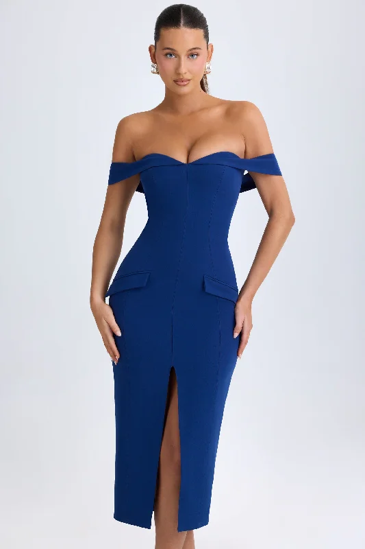 Graduation Dresses with Tiered Skirt-Off-Shoulder Midaxi Dress in True Navy