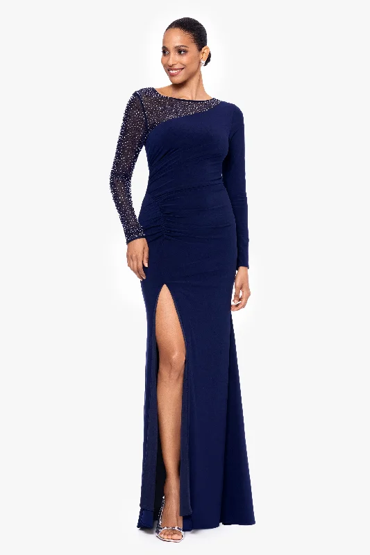 Wedding Guest Dresses with Boots-"Rhea" Long Jersey Knit Long Sleeve Beaded Floor Length Dress