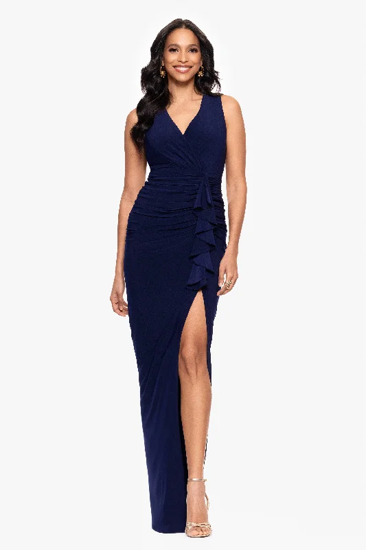 Wedding Guest Dresses for Indoor Games-Petite "Bobbi" Ruffled V-Neck Gown