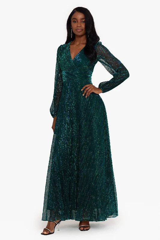Wedding Guest Dresses for Historical Sites-Petite "Alexa" Long Sleeve Metallic Knit Dress