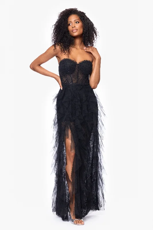 Graduation Dresses for Sports Tournaments-"Angelina" Long Strapless Mesh Floor Length Ruffle Dress Graduation Dresses for Sports Tournaments-"Angelina" Long Strapless Mesh Floor Length Ruffle Dress