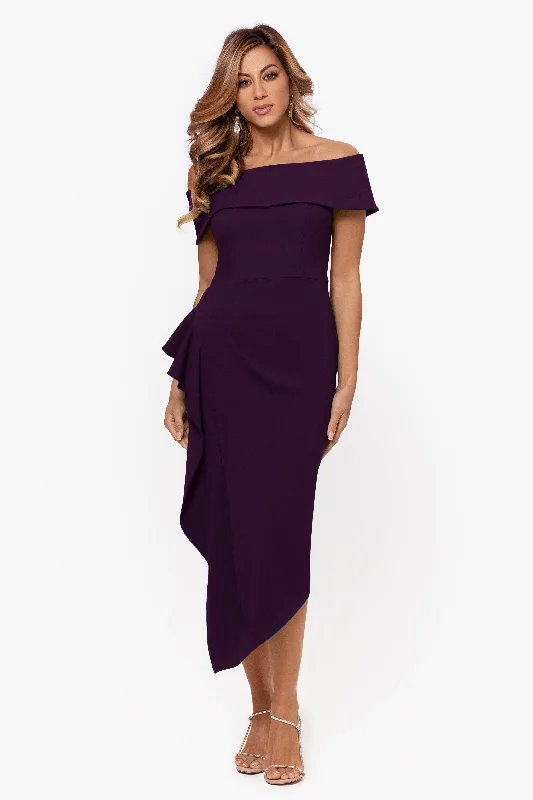 Best day dresses for a trip to the countryside-"Maya" Midi Scuba Crepe Off the Shoulder Cuff Side Ruching Dress