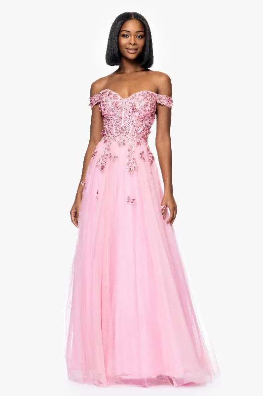 Graduation Dresses for Fitness Competitions-Blondie Nites "Luna" Long Off the Shoulder 3D Butterfly Embellished Gown Graduation Dresses for Fitness Competitions-Blondie Nites "Luna" Long Off the Shoulder 3D Butterfly Embellished Gown