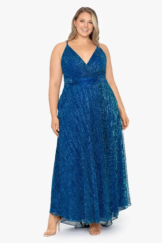 Best day dresses for a family picnic-Plus "Sadie" Long Metallic V Neck Dress