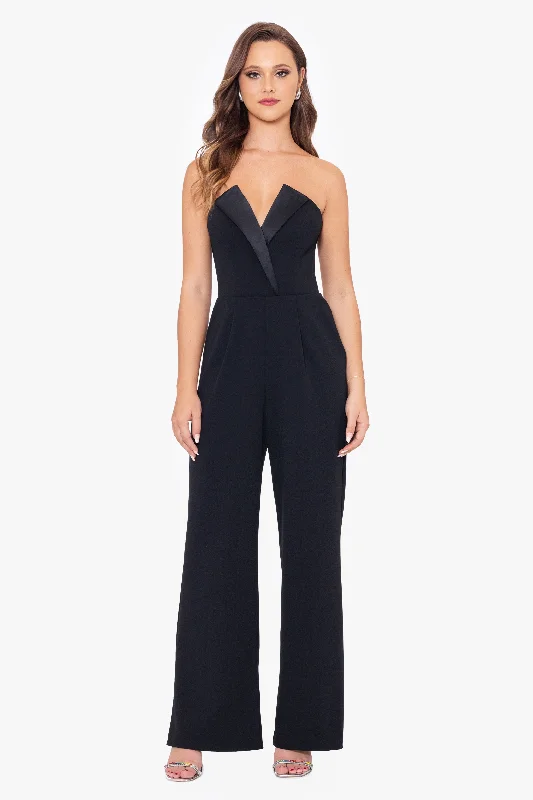 Cocktail Dresses with Sequins-"Tasha" Long Strapless Tuxedo Jumpsuit