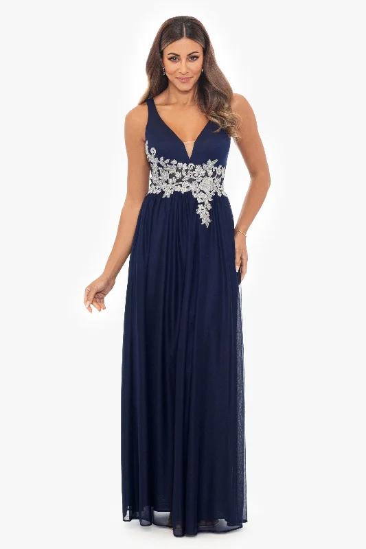 Wedding Guest Dresses with Tiered Layers-"Darla" Long Sheer Matte Jersey Dress With Applique Wedding Guest Dresses with Tiered Layers-"Darla" Long Sheer Matte Jersey Dress With Applique