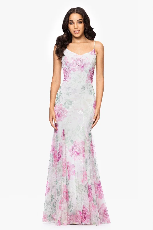 Graduation Dresses with Button Closure-"Eve" Printed Sequin Spaghetti Strap Floor Length Dress Graduation Dresses with Button Closure-"Eve" Printed Sequin Spaghetti Strap Floor Length Dress