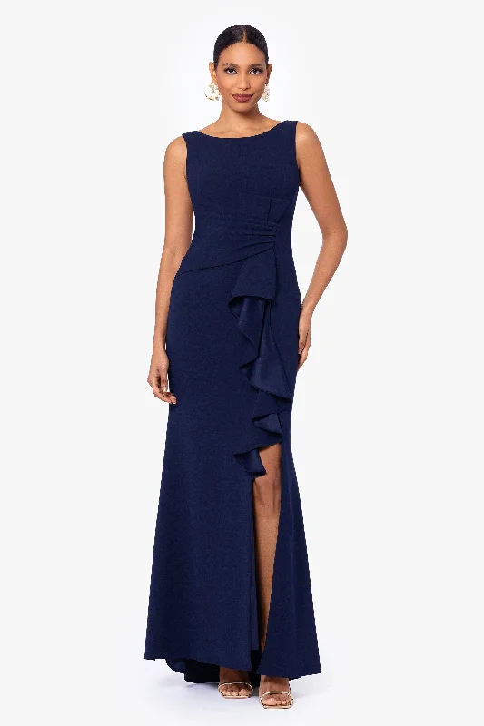 Evening dresses for a sophisticated cocktail party-"Christine" Scuba Crepe Ruffled Bow Gown Evening dresses for a sophisticated cocktail party-"Christine" Scuba Crepe Ruffled Bow Gown