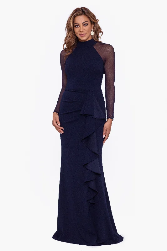 Wedding Guest Dresses with Cotton Blend-Petite "Natalie" Long Mock Neck Mesh Sleeve Dress Wedding Guest Dresses with Cotton Blend-Petite "Natalie" Long Mock Neck Mesh Sleeve Dress