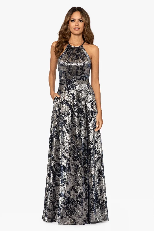 Evening dresses for a fashionable night out-"Layla" Long Halter Top Wrap Foil Print Dress Evening dresses for a fashionable night out-"Layla" Long Halter Top Wrap Foil Print Dress