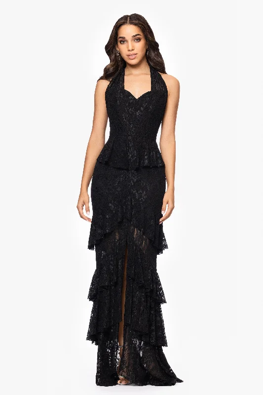Graduation Dresses for Outdoor Events-"Tilly" Lace Tiered Halter Tie Neck Floor Length Dress Graduation Dresses for Outdoor Events-"Tilly" Lace Tiered Halter Tie Neck Floor Length Dress