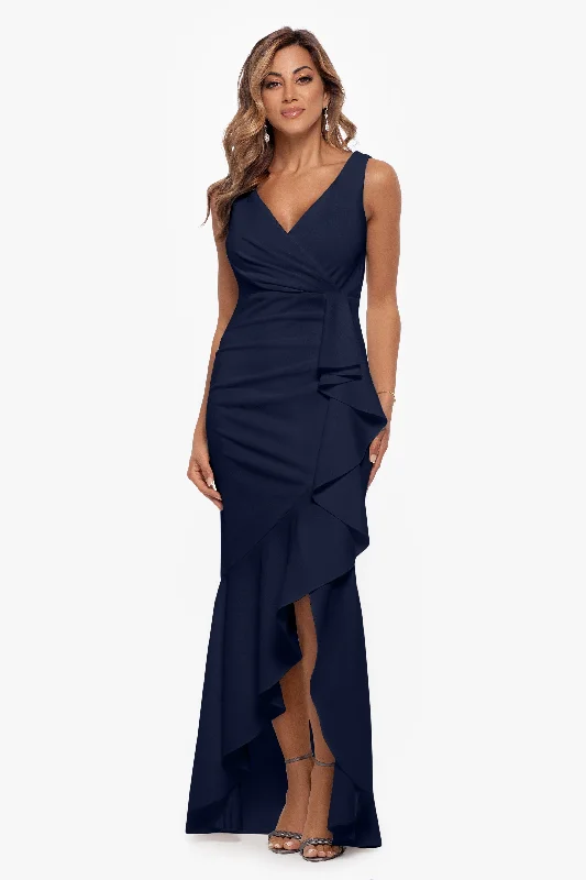 Wedding Guest Dresses with Zipper Closure-Petite "Candace" Long V- Neck Hi Low Cascade Dress Wedding Guest Dresses with Zipper Closure-Petite "Candace" Long V- Neck Hi Low Cascade Dress