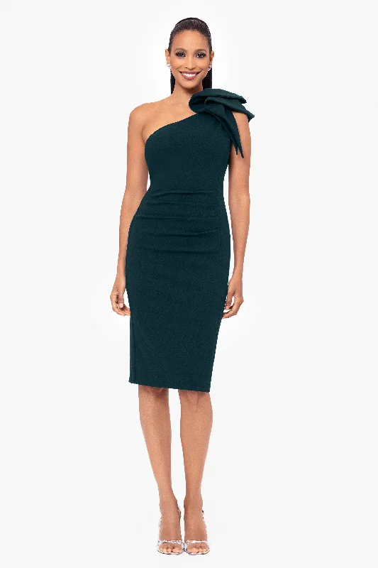 Cocktail Dresses with Crochet-"Sheila" Knee Length Scuba Crepe One Shoulder Ruffle Dress Cocktail Dresses with Crochet-"Sheila" Knee Length Scuba Crepe One Shoulder Ruffle Dress
