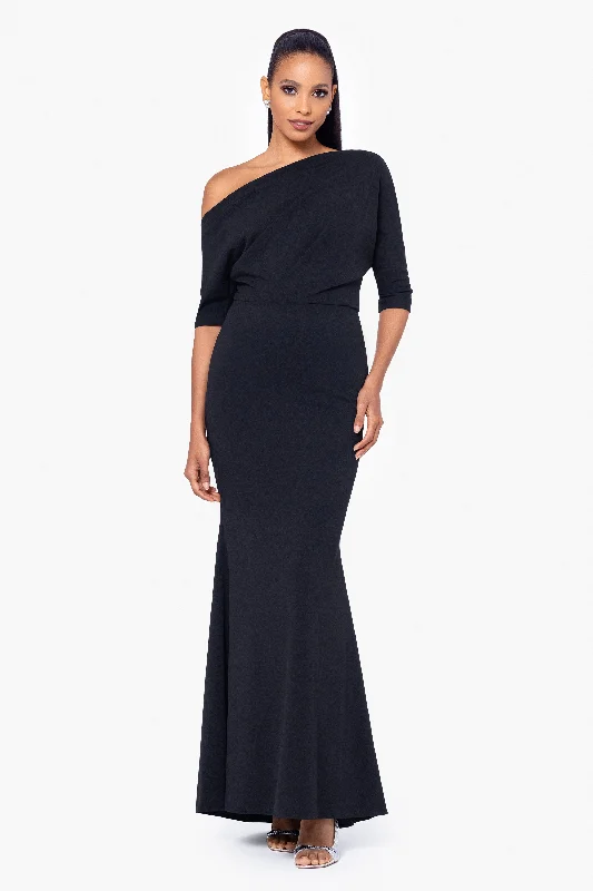 Evening dresses with metallic finishes for a bold appearance-"Madeline" Long Scuba Crepe Off the Shoulder Drop Dress