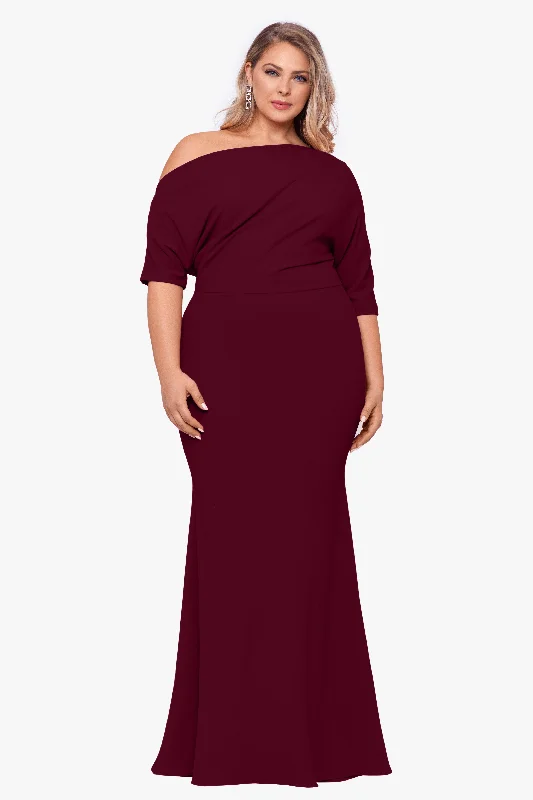 Evening dresses for cocktail parties-Plus "Madeline" Long Scuba Crepe Off the Shoulder Drop Dress Evening dresses for cocktail parties-Plus "Madeline" Long Scuba Crepe Off the Shoulder Drop Dress