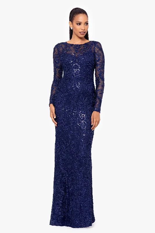 Wedding Guest Dresses for Outdoor Events-"Cecelia" Long Sleeve Sequin Soutache Lace Floor Length Dress