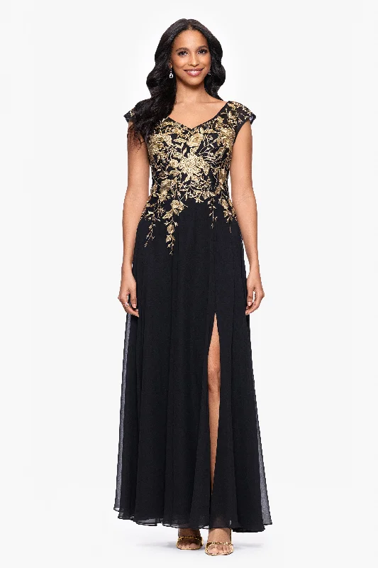Wedding Guest Dresses with Projection Mapping-"Maeve" Chiffon Embroidered Bodice Floor Length Dress Wedding Guest Dresses with Projection Mapping-"Maeve" Chiffon Embroidered Bodice Floor Length Dress