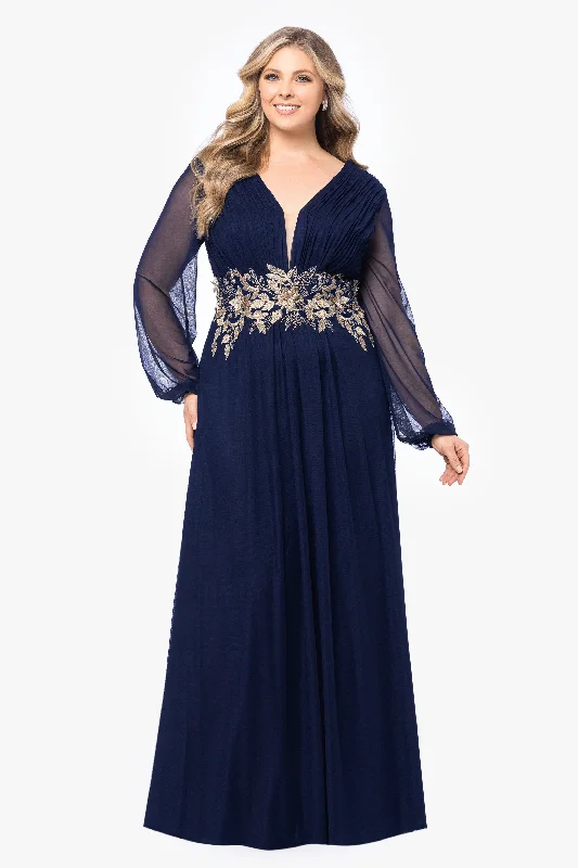 Wedding Guest Dresses with Gradient Colors-Plus "Rebecca" Long Sleeve Embroidered Mesh Gown