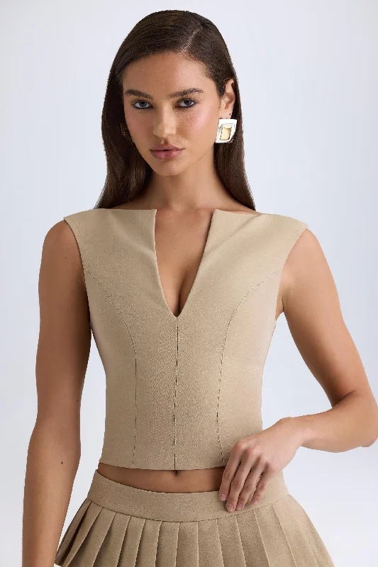 Birthday dresses with delicate straps for a soft look-Open-Front Crop Top in Camel