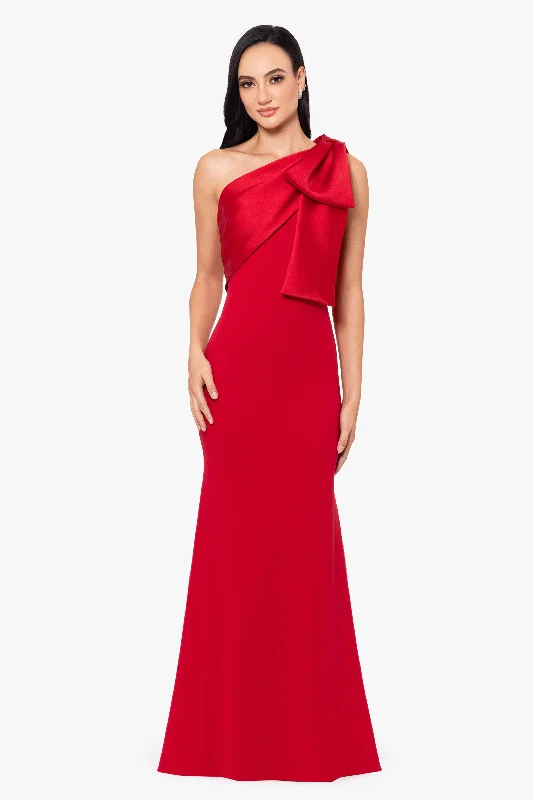 Where to find evening dresses with pleated skirts for volume-"Carmela" Long Scuba Crepe Dress with Satin Bow Where to find evening dresses with pleated skirts for volume-"Carmela" Long Scuba Crepe Dress with Satin Bow