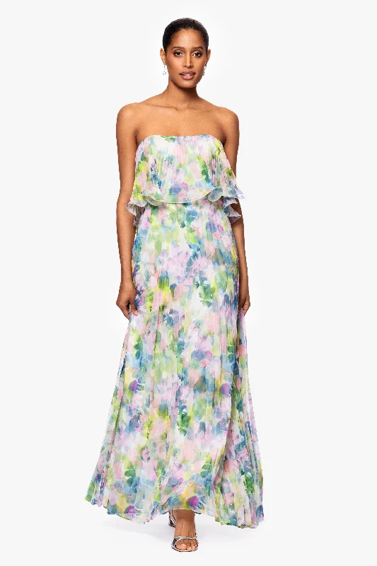 Day dresses for a casual dinner with friends-"Enid" Strapless Print Chiffon Pleated Floor Length Dress Day dresses for a casual dinner with friends-"Enid" Strapless Print Chiffon Pleated Floor Length Dress