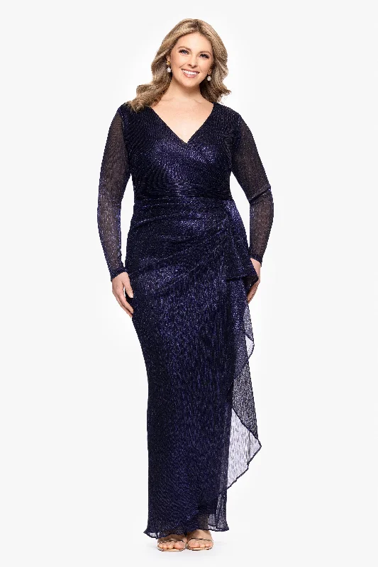 Wedding Guest Dresses for Garden Weddings-Plus "Maggie" Long Pleated Metallic V-Neck Dress