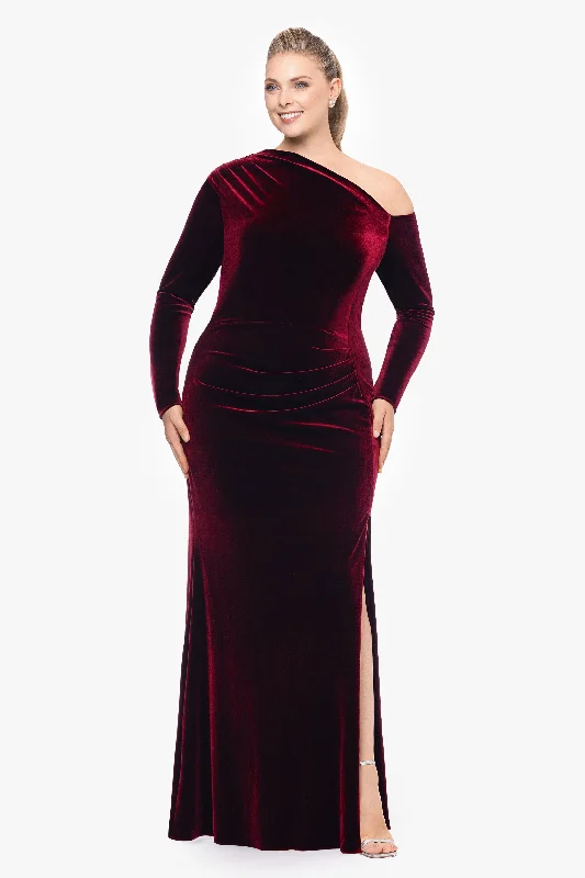 Wedding Guest Dresses with Color Block-Plus "Annette" Long Velvet Drop Shoulder Long Sleeve Dress