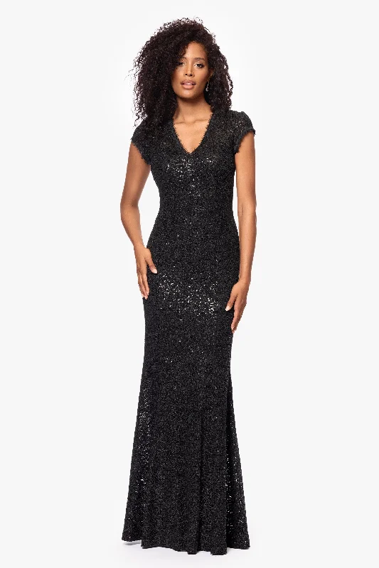 Wedding Guest Dresses with Holographic Details-"Penny" Long Sequin Cap Sleeve V-Neck Dress