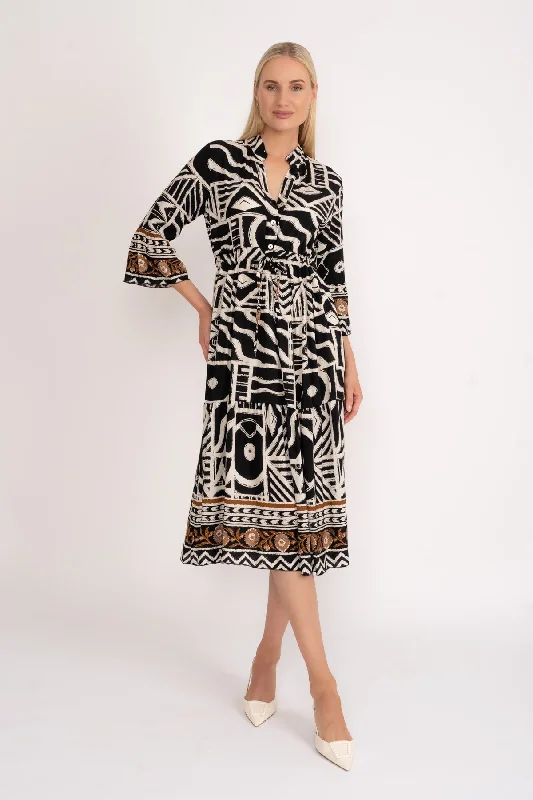 Black 3/4 Length Sleeve Boho Midi Dress