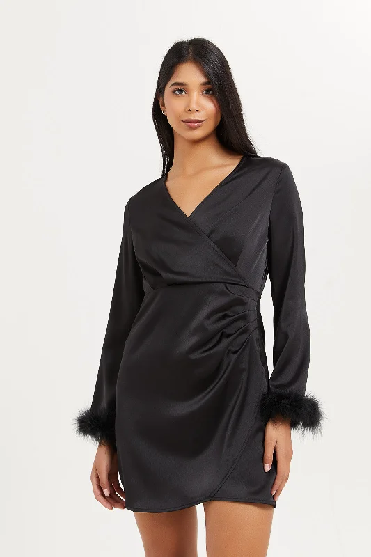 Women Black Satin Feather Mini Dress