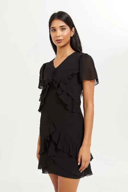 Women Black Frill Chiffon Mini Dress