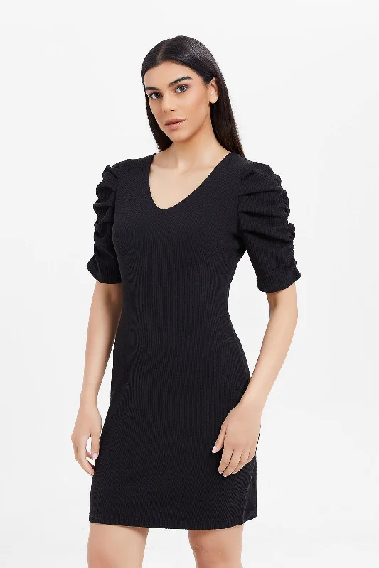 Women Black Ribbed Dress