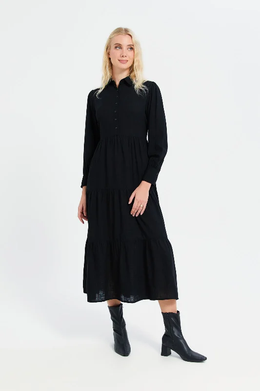 Women Black Shirt Tier Dress