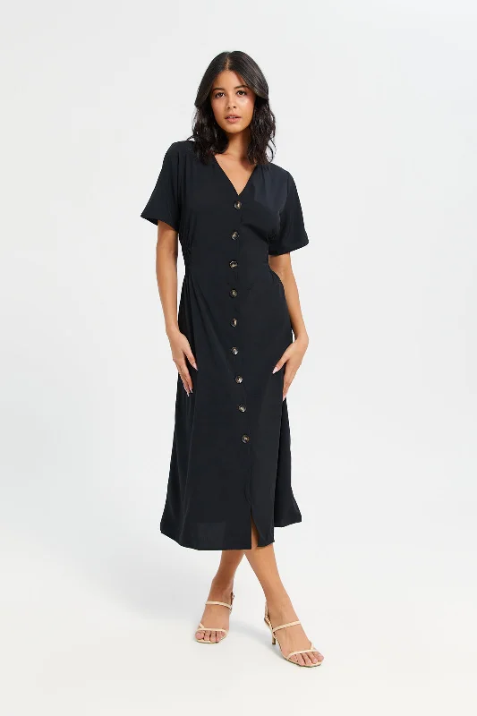 Woman Black Front Buttons Dress