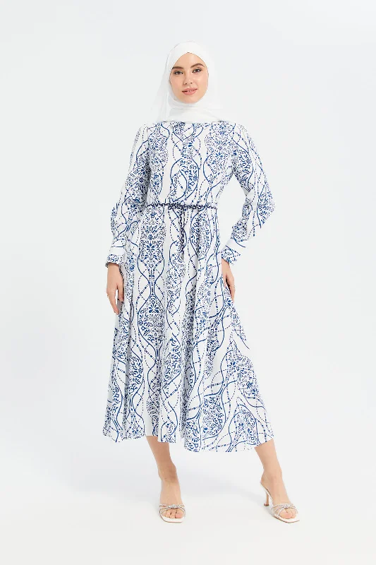 Women Blue And White Printed Flared Dress With Contrast Belt