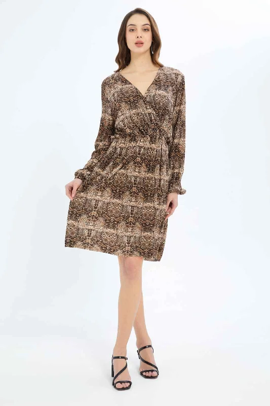 Women Beige And Brown Wrap Dress