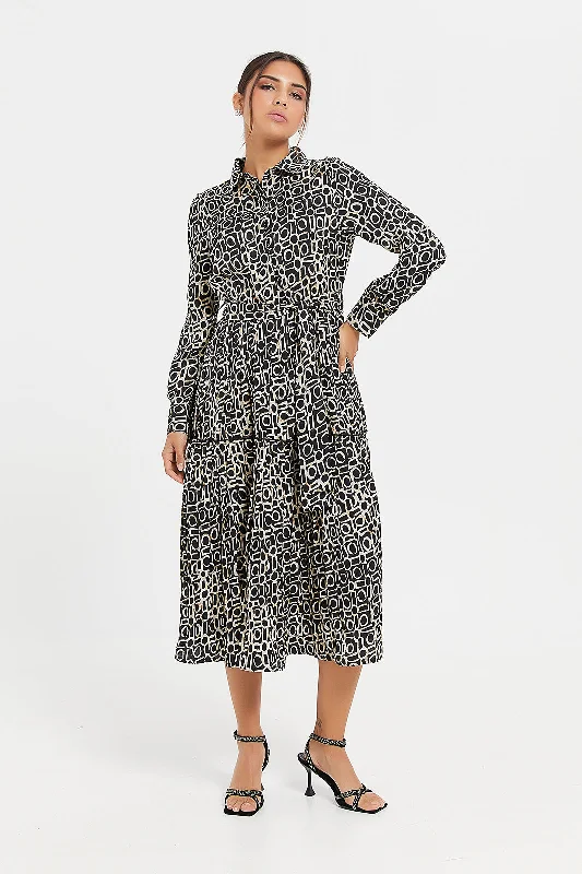 Women Brown Printed Shirt Pleated Dress